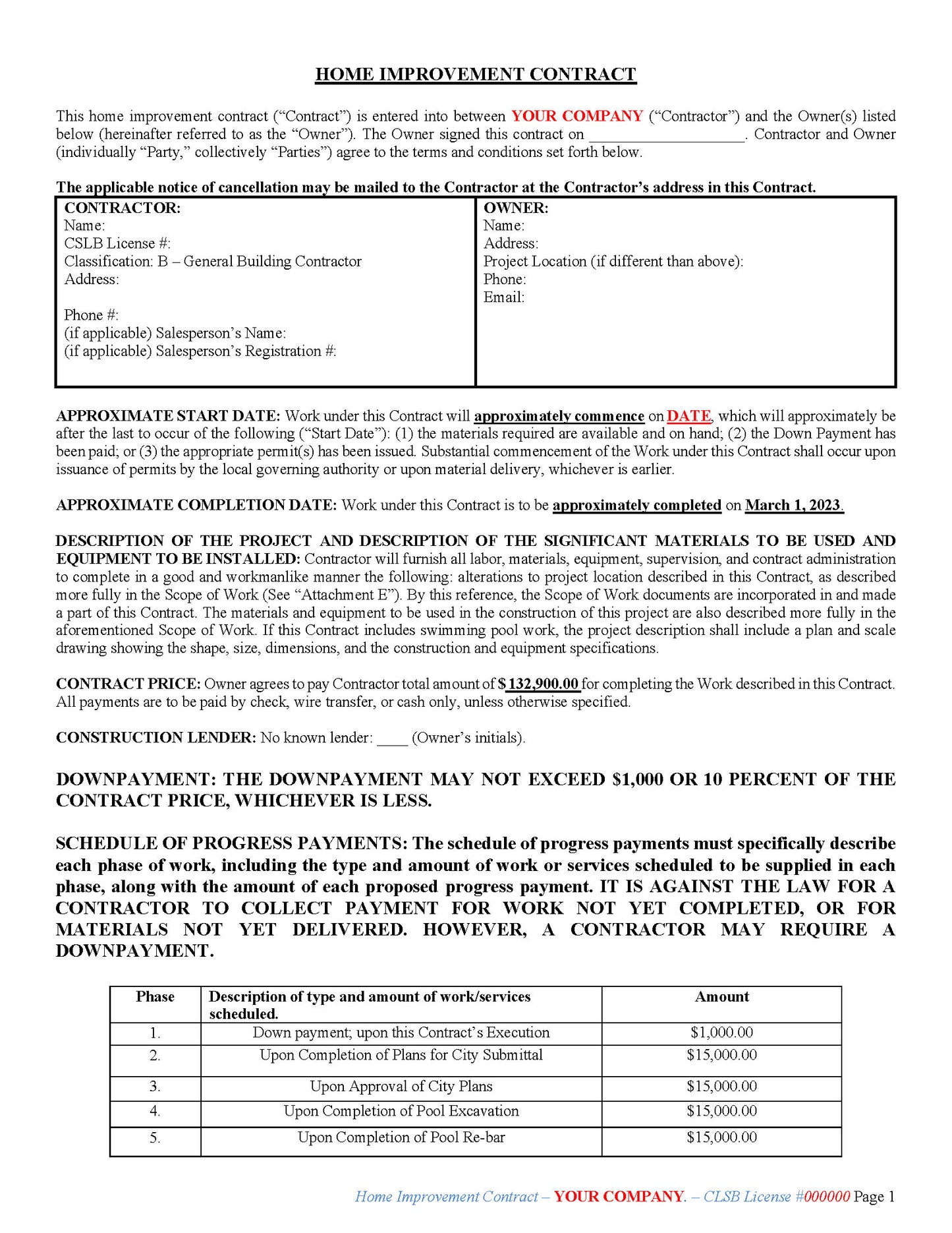 CA Home Improvement Contract w/extended articles (Word Doc)