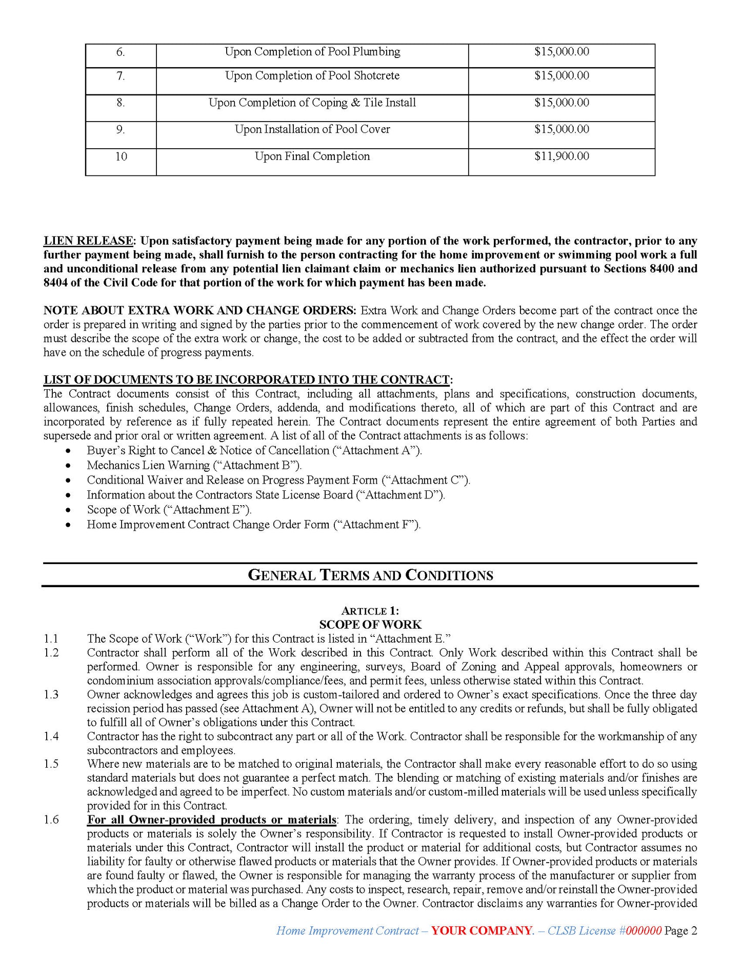 CA Home Improvement Contract w/extended articles (Word Doc)