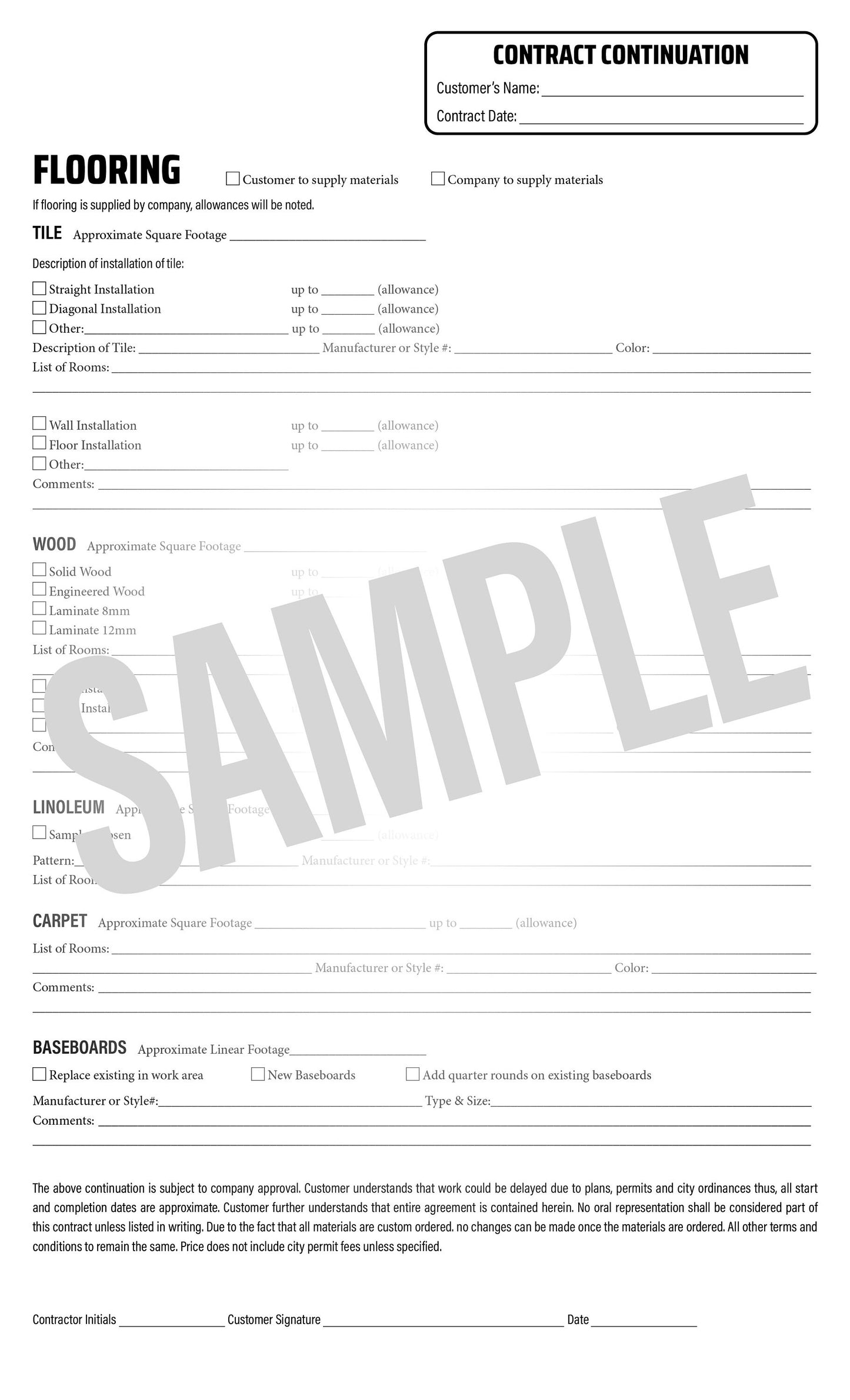 FLOORING Addendum - NCR Form (Pack of 10)