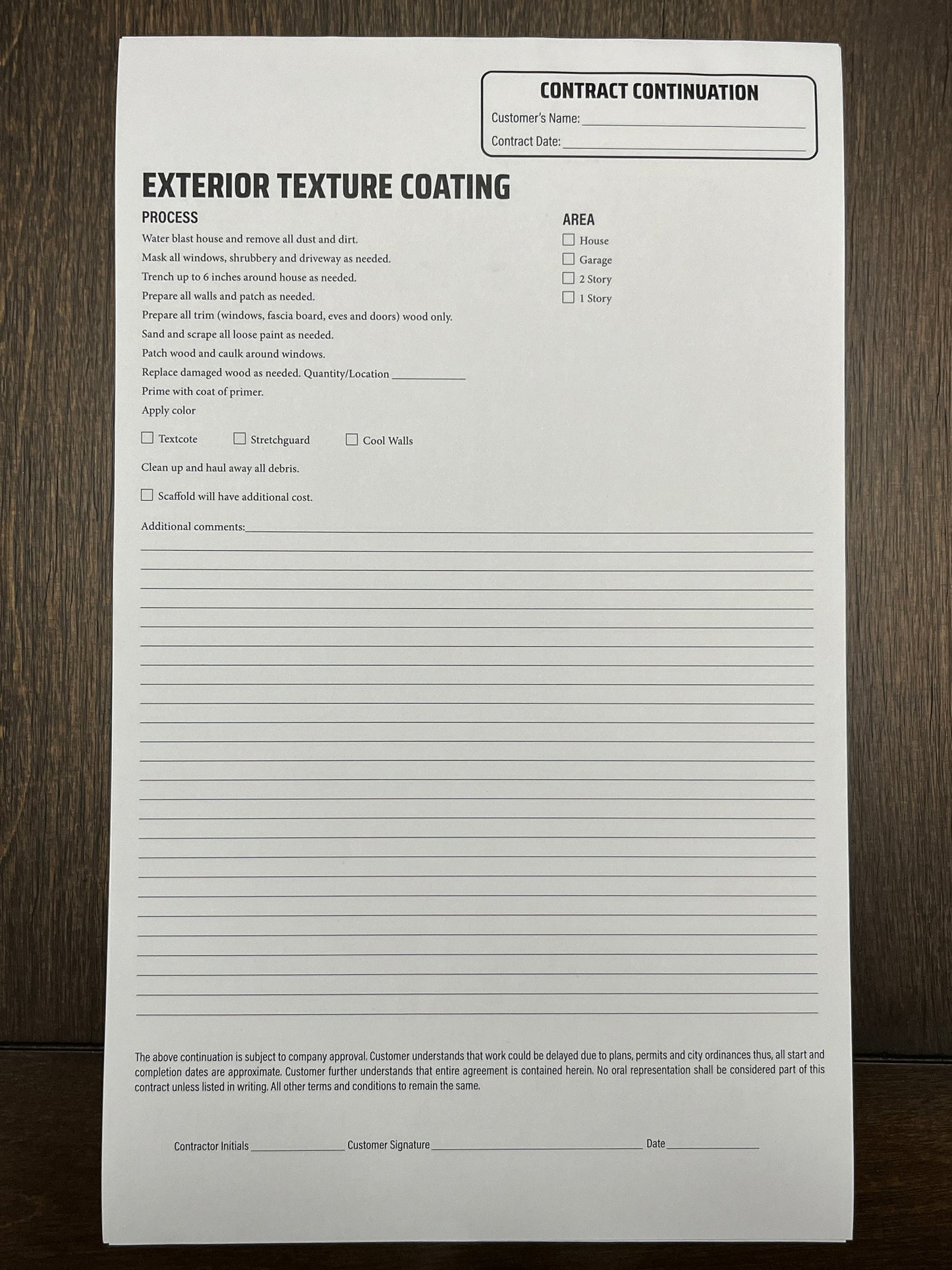 Exterior Texture Coating Addendum - NCR Form (Pack of 10)