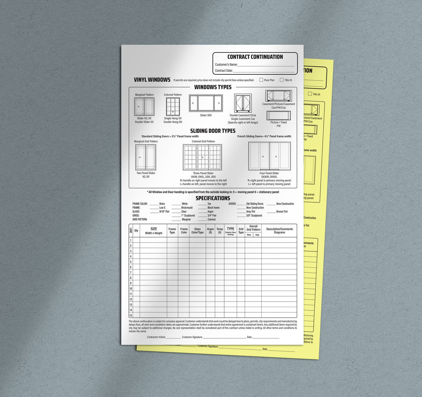 WINDOW Addendum - NCR Form (Pack of 10)