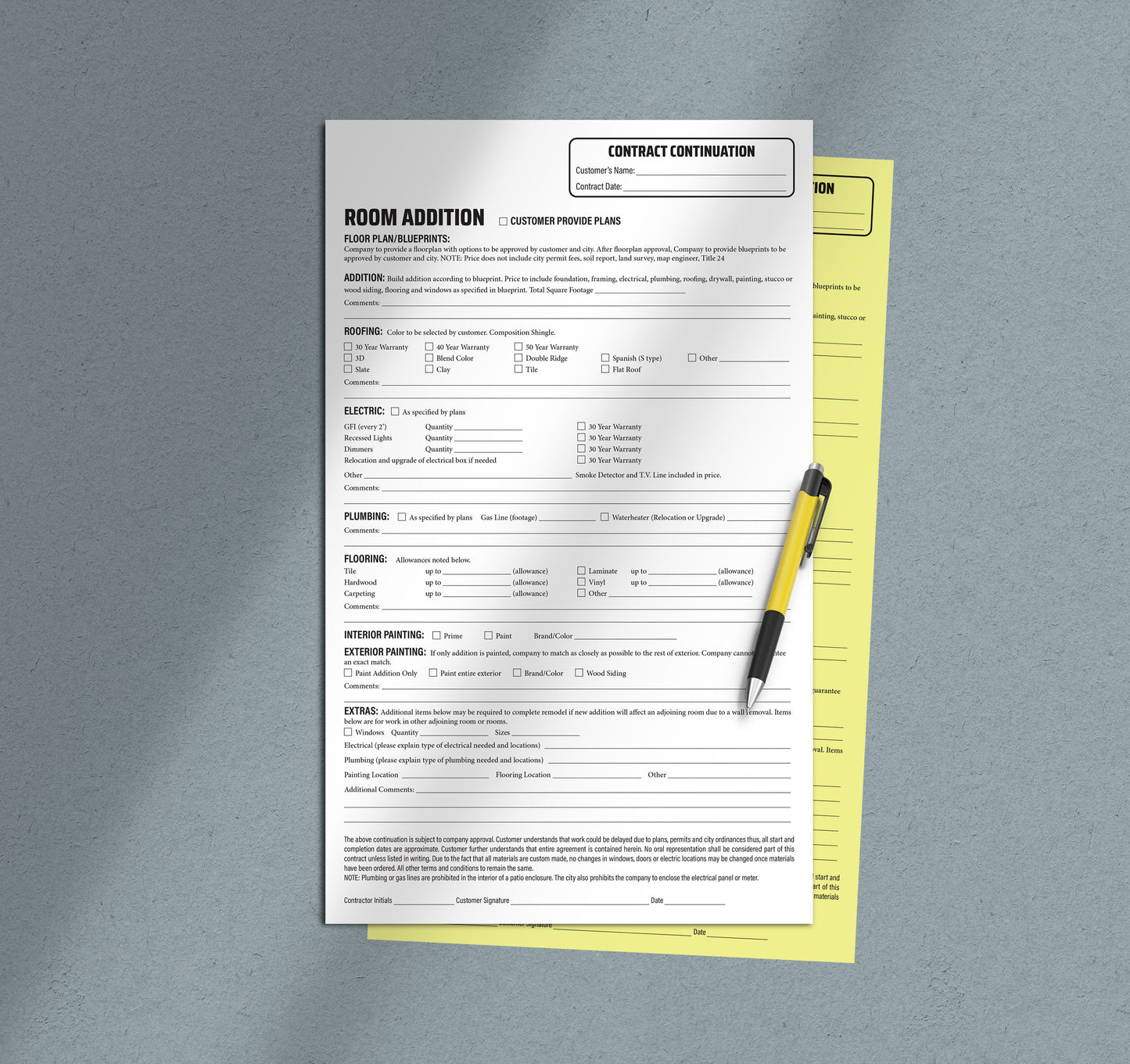 ROOM ADDITION Addendum - NCR Form (Pack of 10)