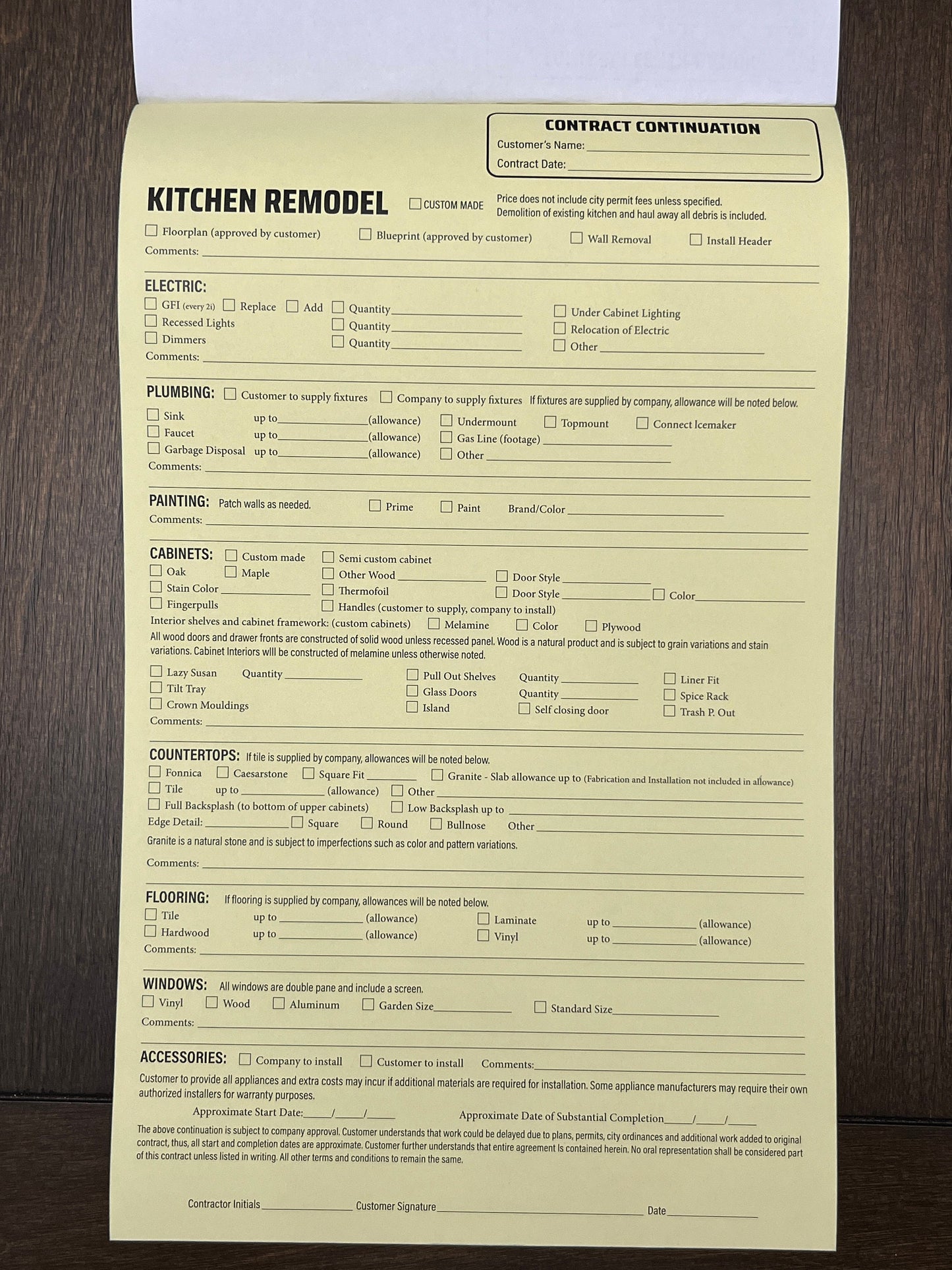 KITCHEN Addendum - NCR Form (Pack of 10)