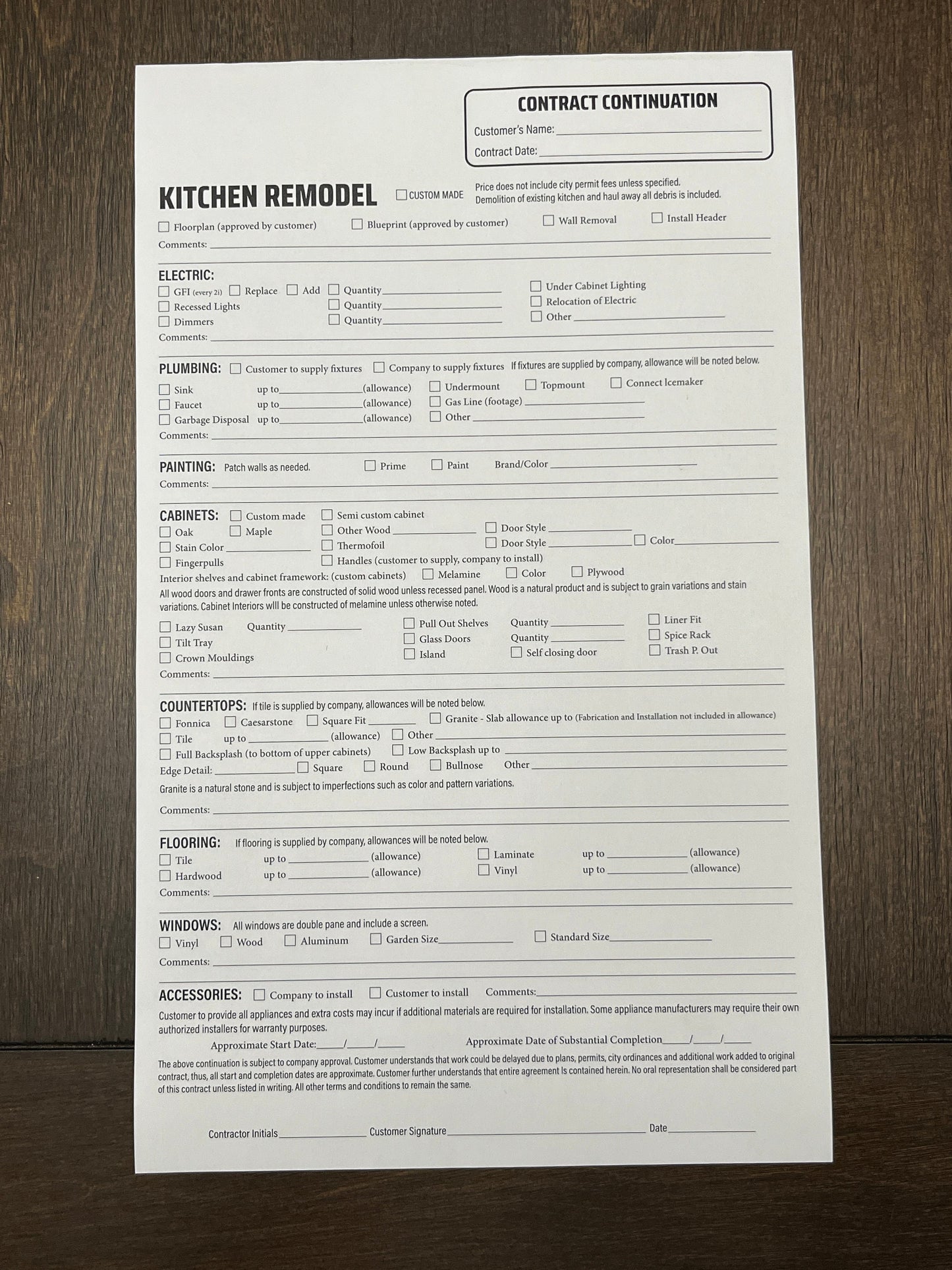 KITCHEN Addendum - NCR Form (Pack of 10)