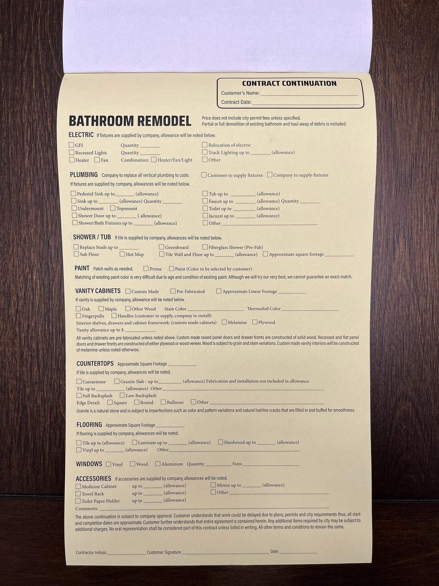 BATHROOM Addendum - NCR Form (Pack of 10)