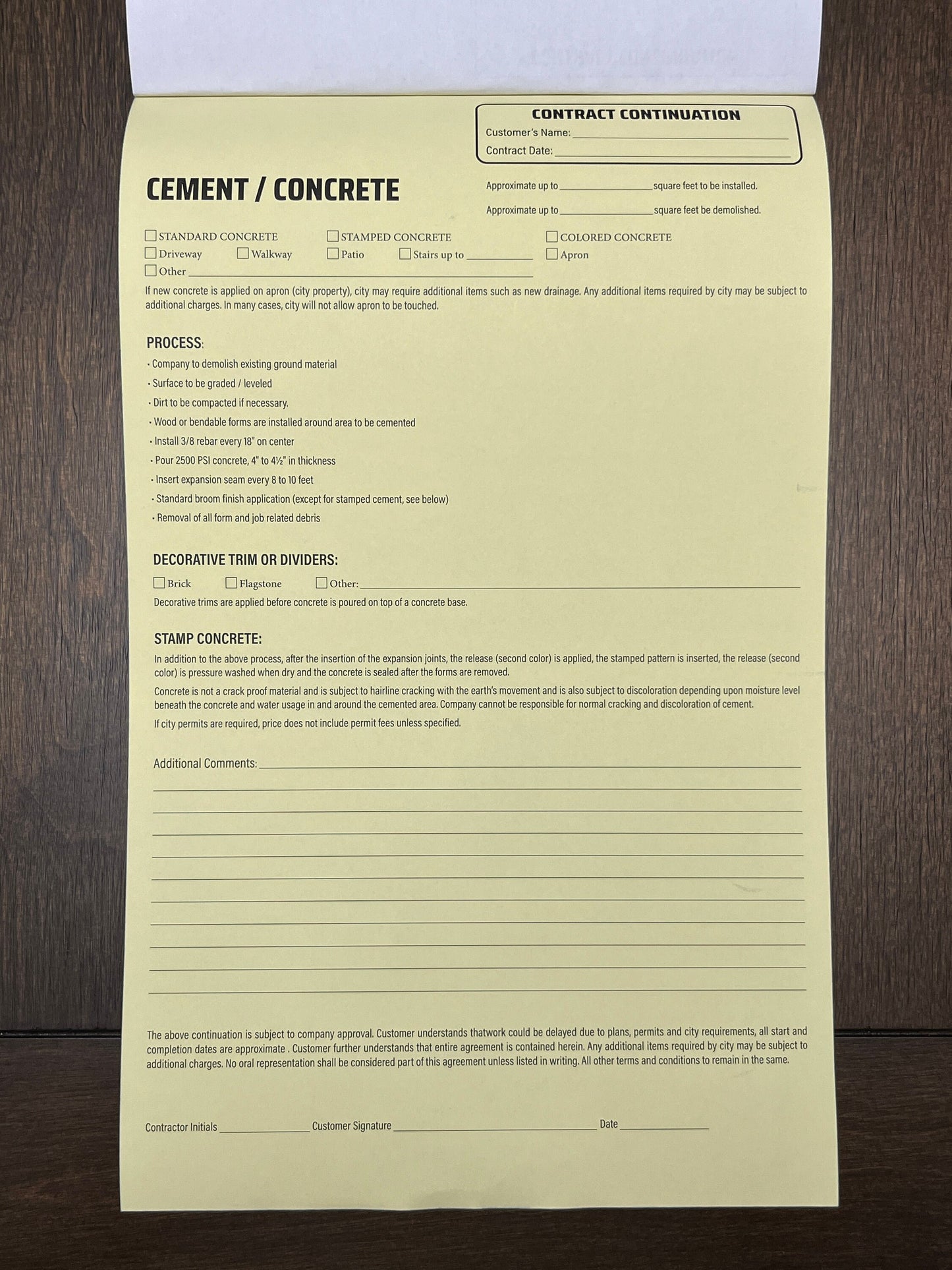 CEMENT/CONCRETE Addendum - NCR Form (Pack of 10)