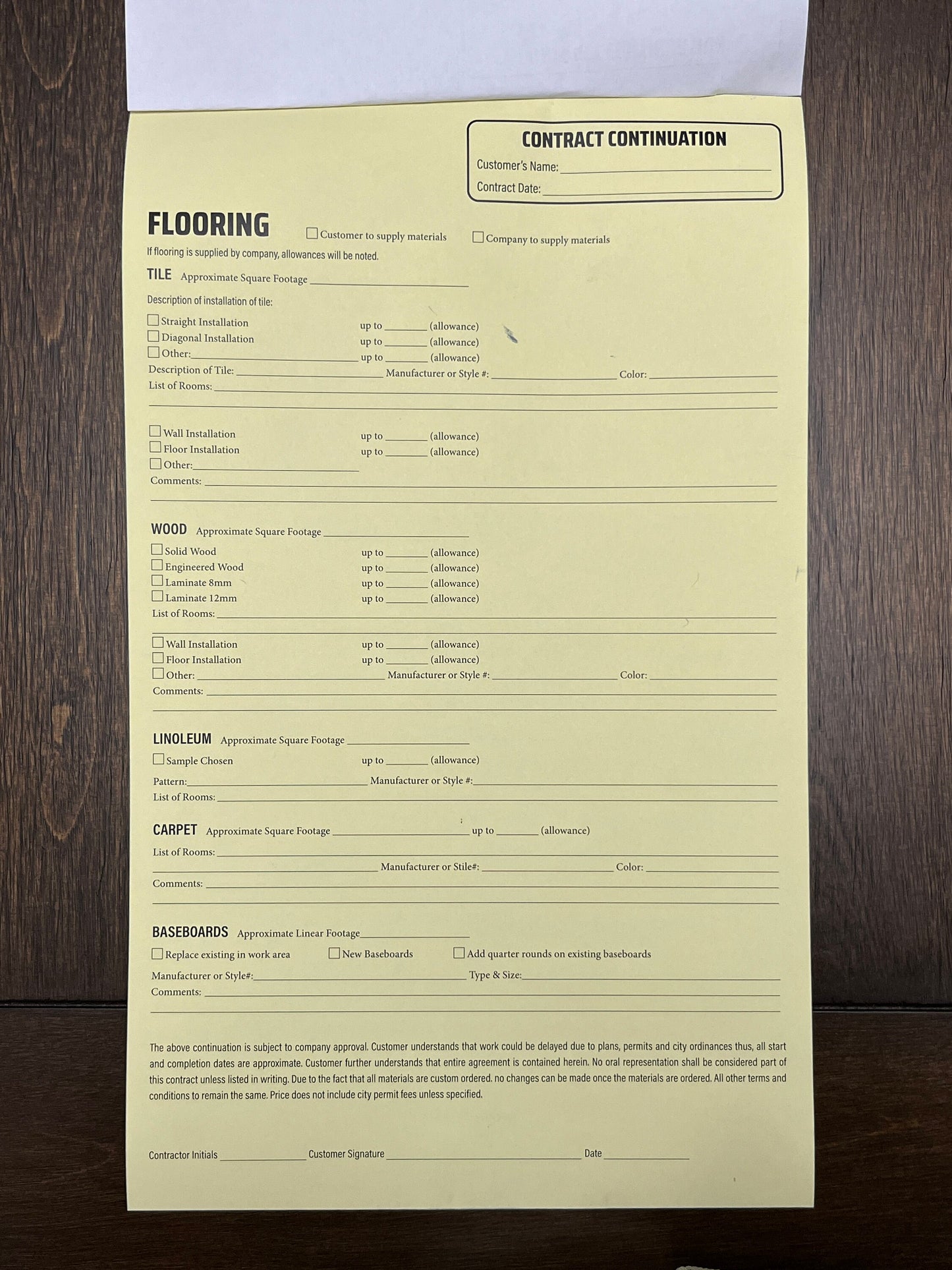 FLOORING Addendum - NCR Form (Pack of 10)