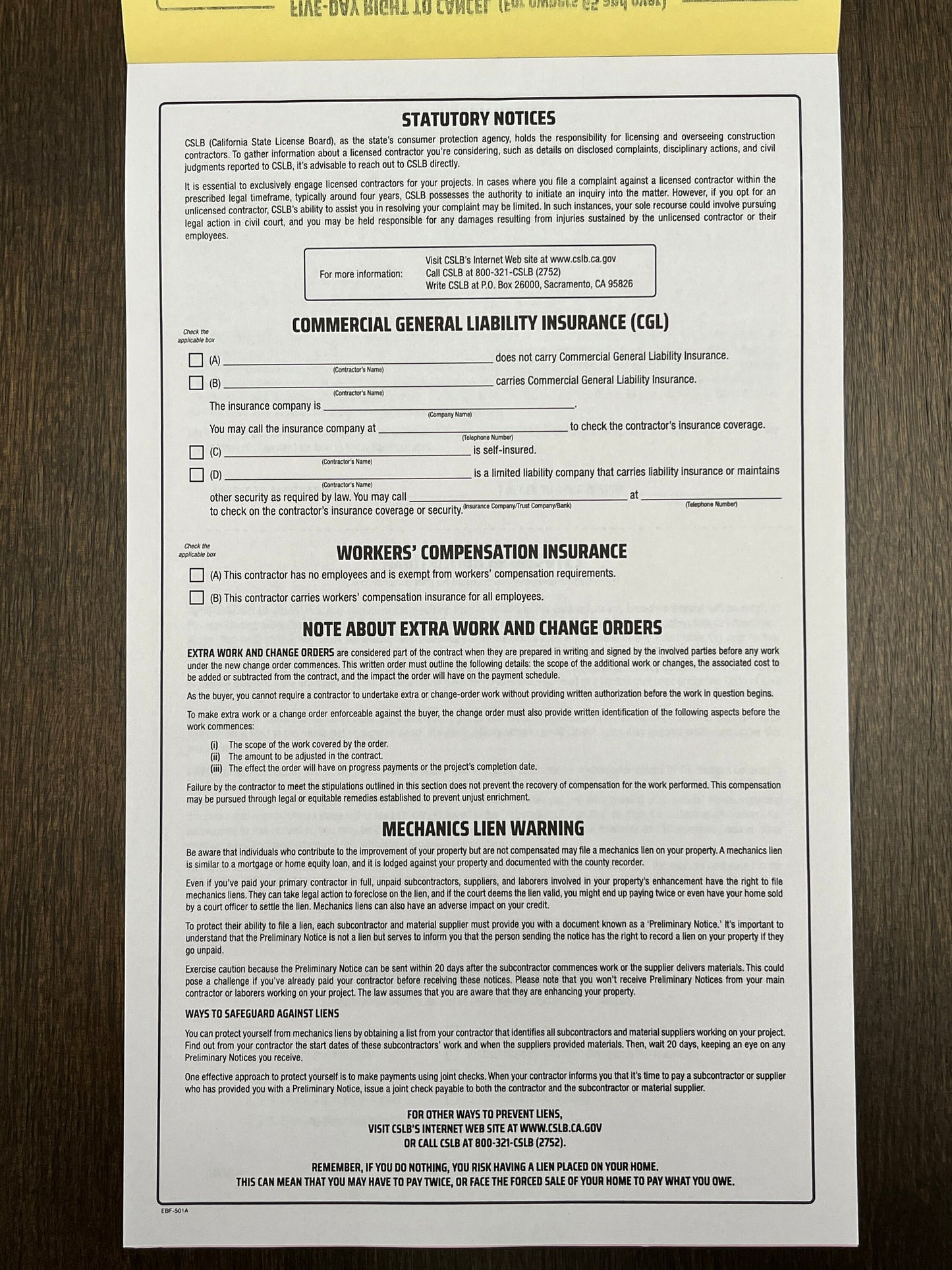 Home Improvement Contract (California) - NCR 6-page Form English & Spanish (Pack of 10)