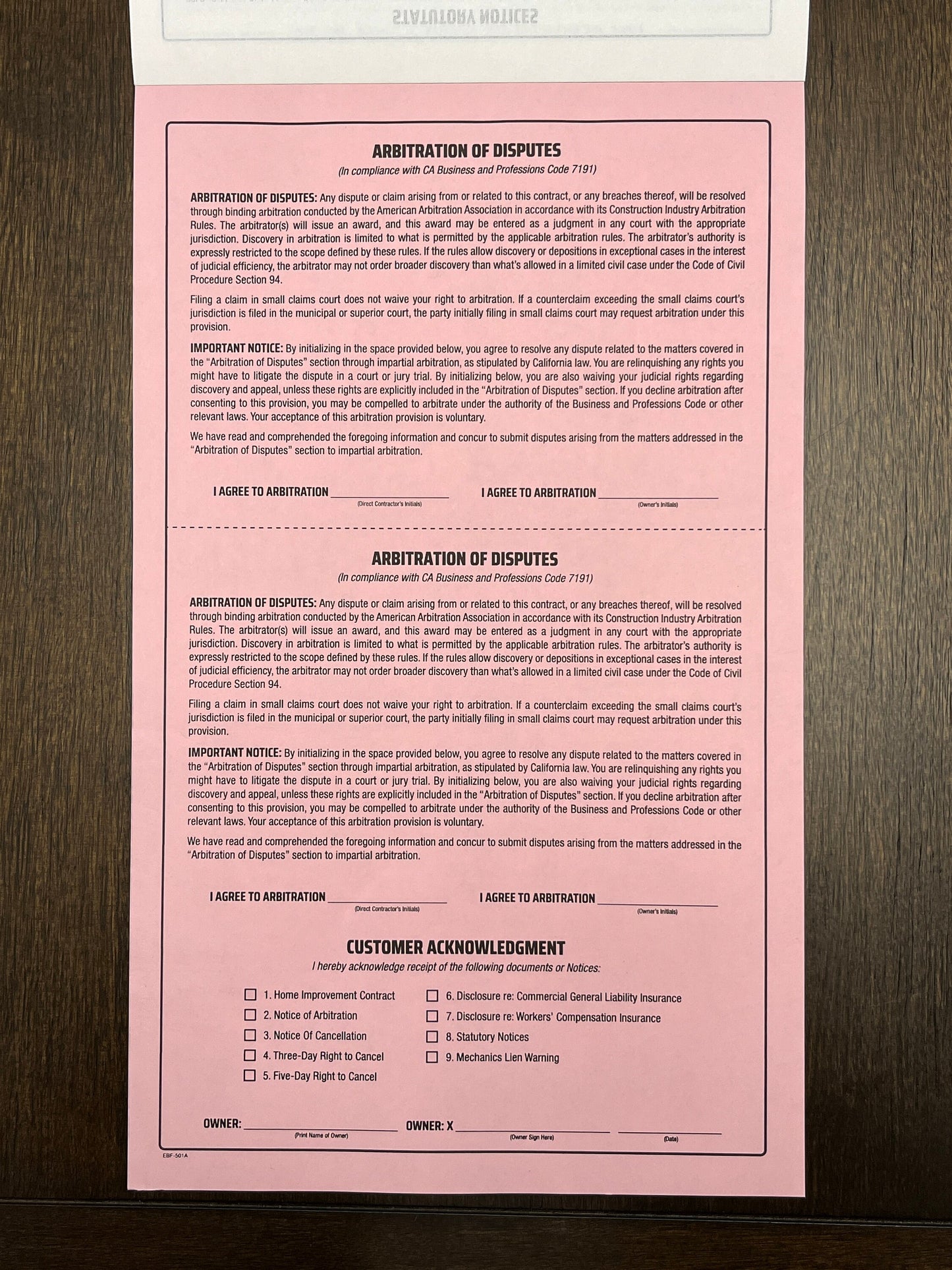 Home Improvement Contract (California) - NCR 6-page Form English & Spanish (Pack of 10)