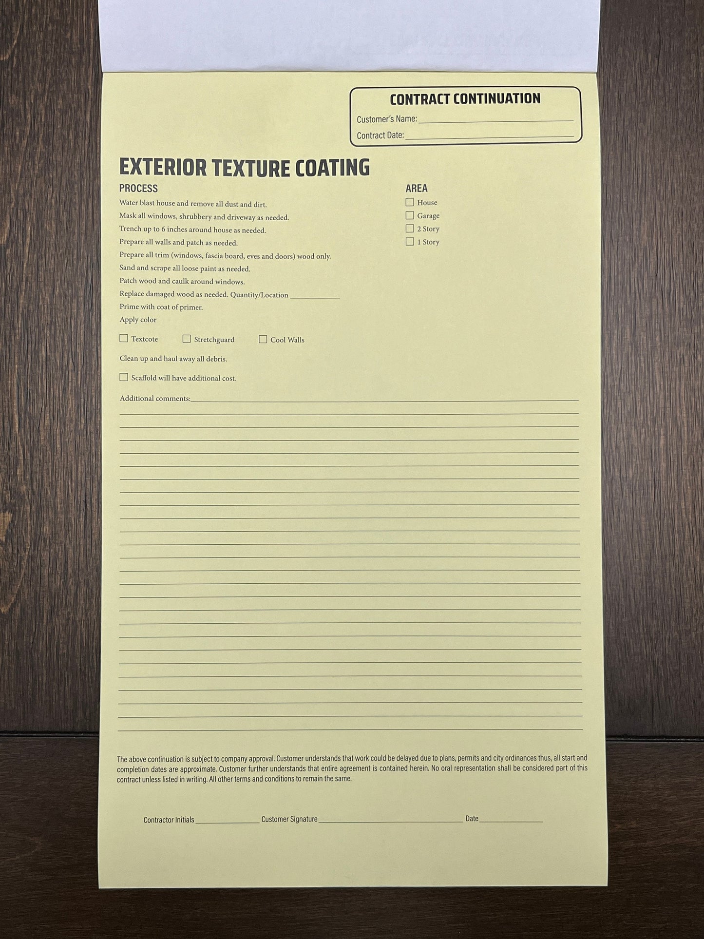 Exterior Texture Coating Addendum - NCR Form (Pack of 10)