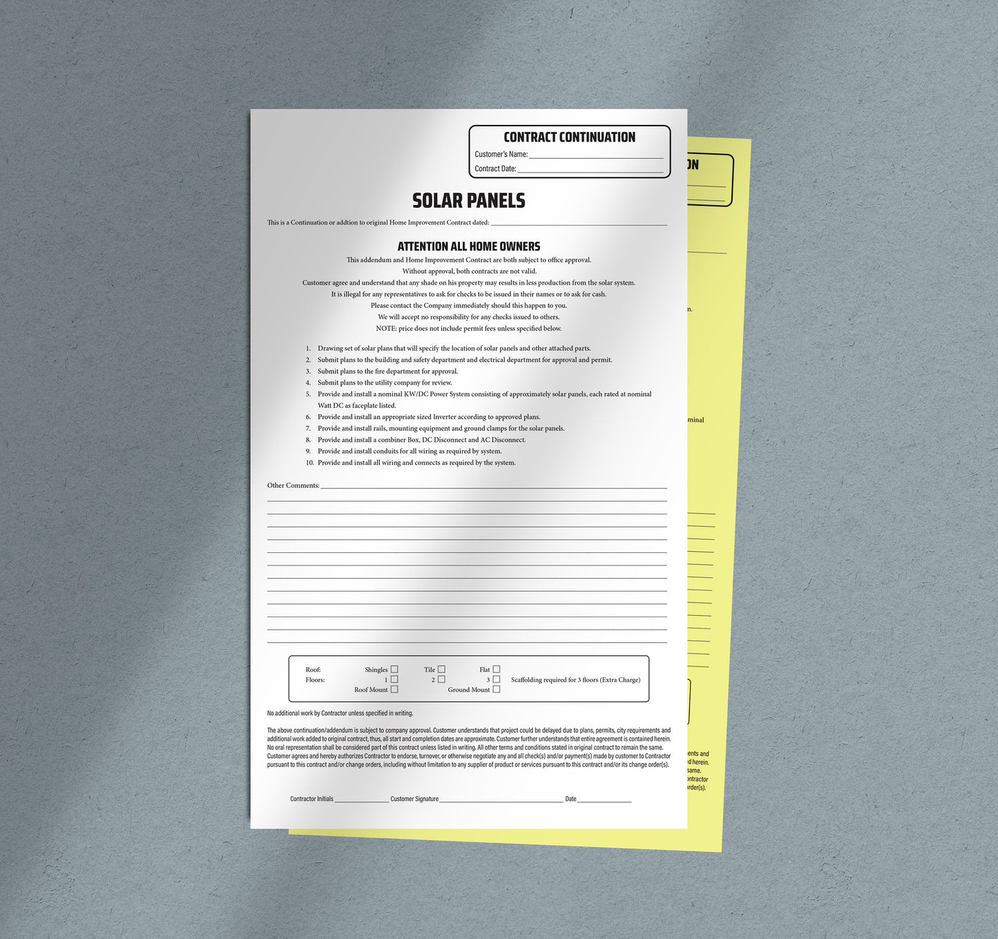 SOLAR PANELS Addendum - NCR Form (Pack of 10)