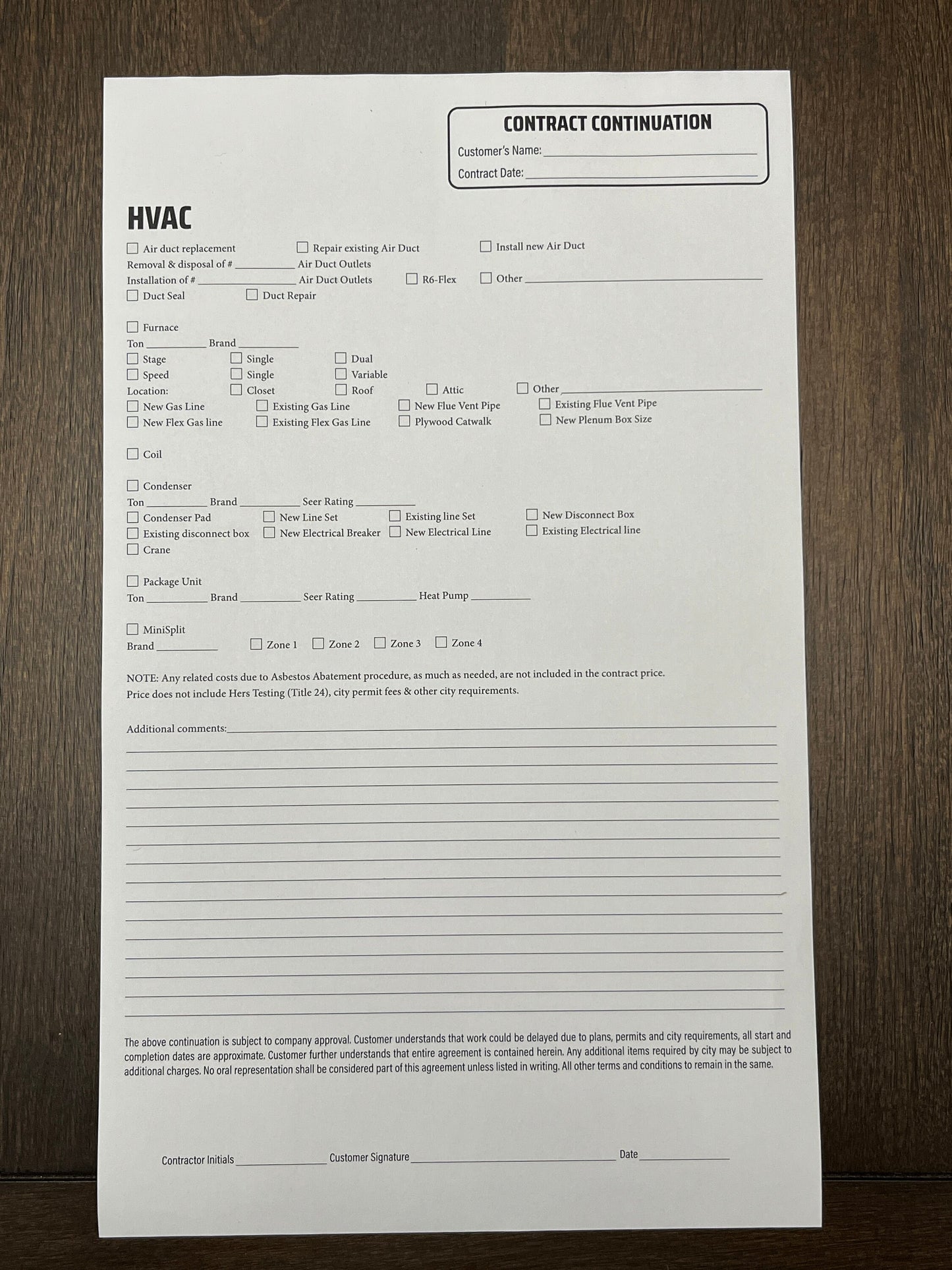 HVAC Addendum - NCR Form (Pack of 10)