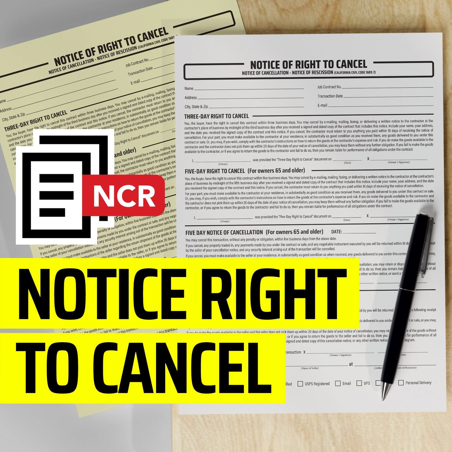 Notice of Right to Cancel - NCR Form (Pack of 10)