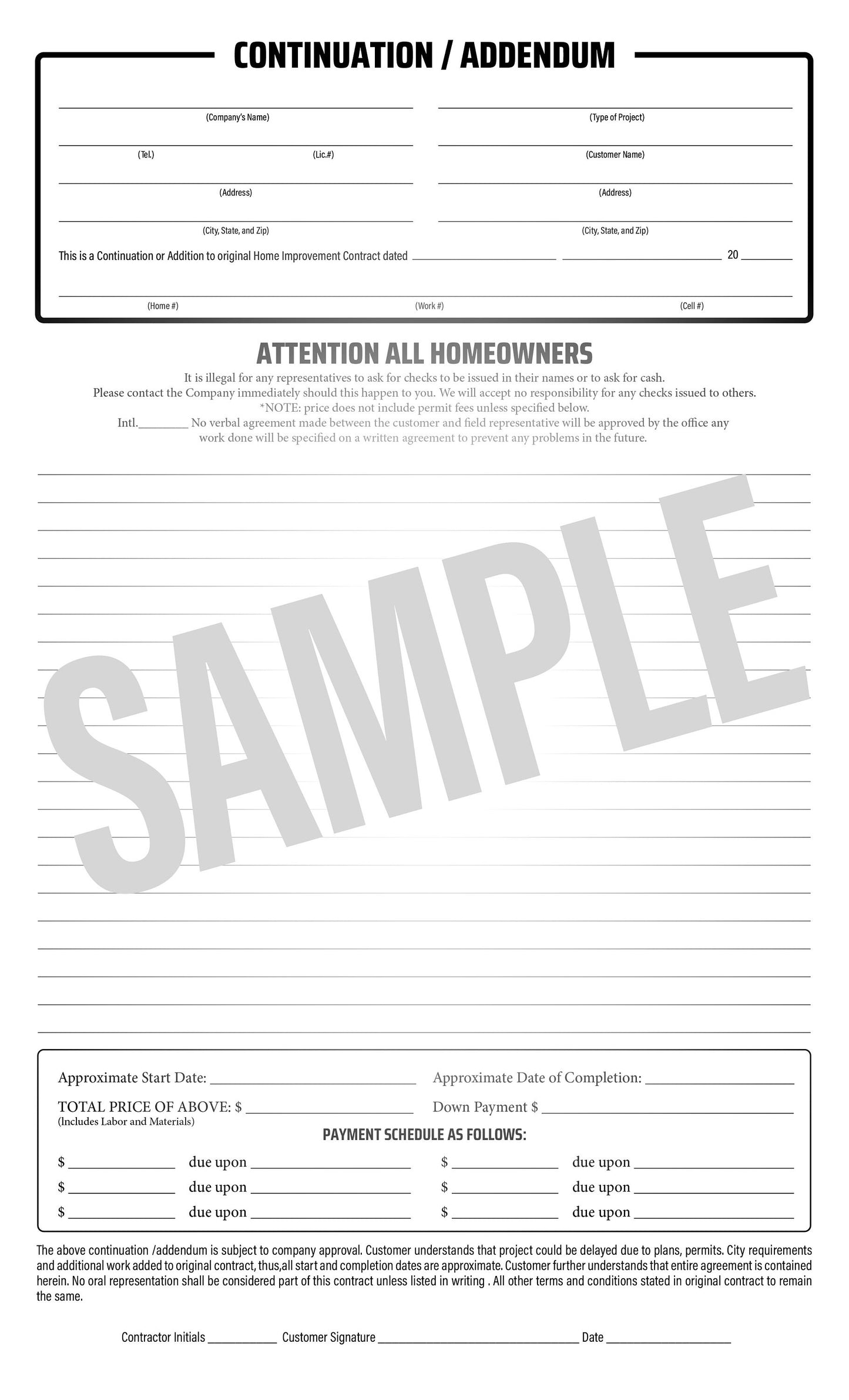 General Addendum - NCR Form (Pack of 10)