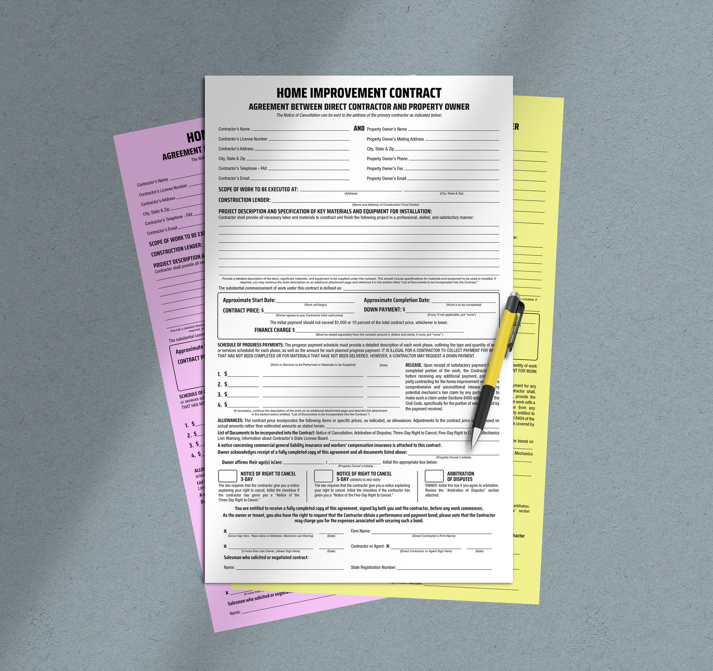 Home Improvement Contract - California NCR 3-page Form (Pack of 10)