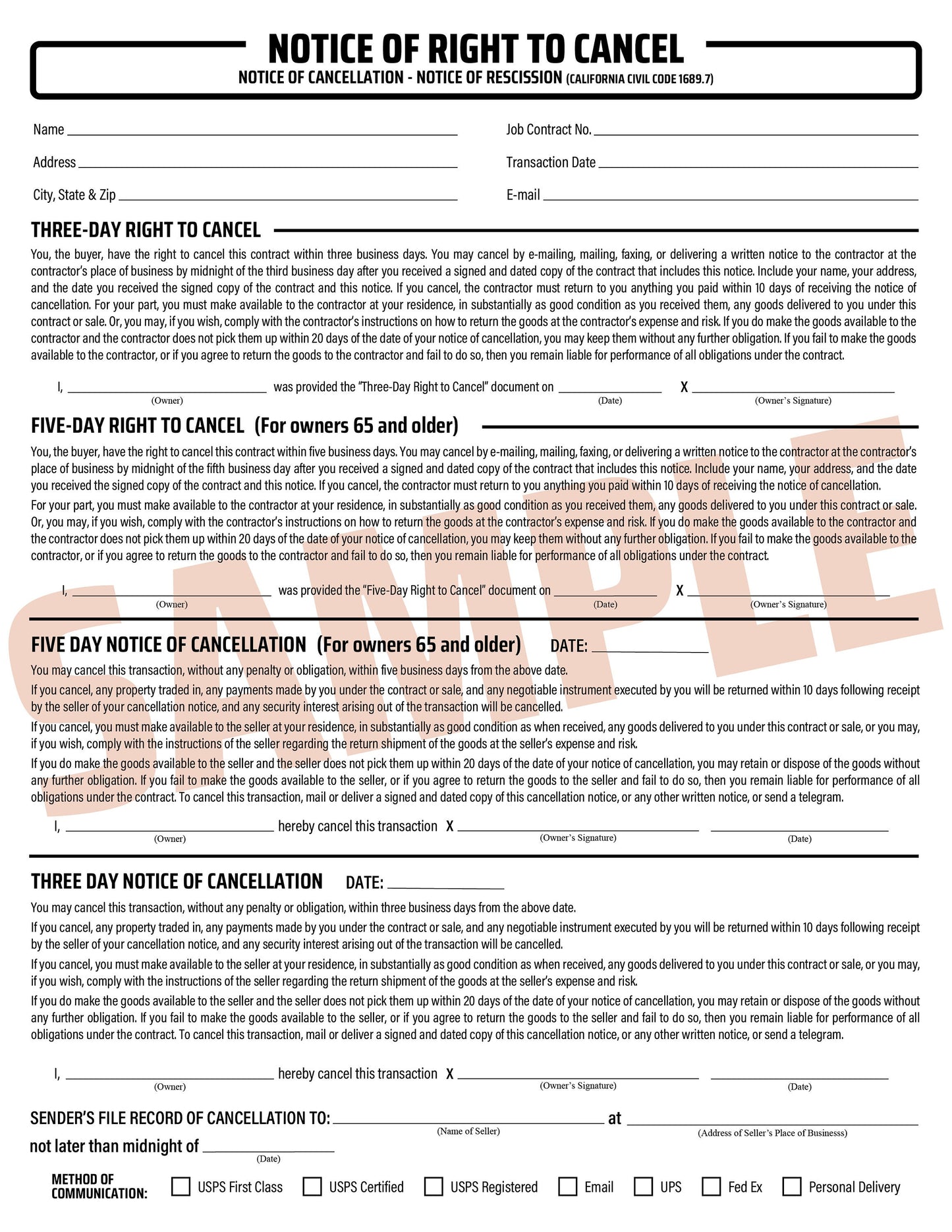 Notice of Right to Cancel - NCR Form (Pack of 10)