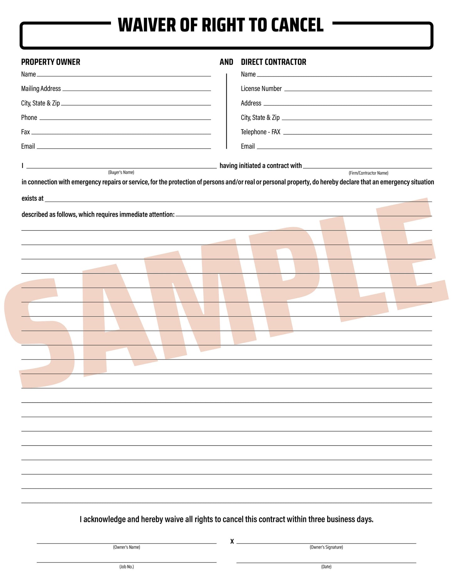 Waiver Right to Cancel - NCR Form (Pack of 10)