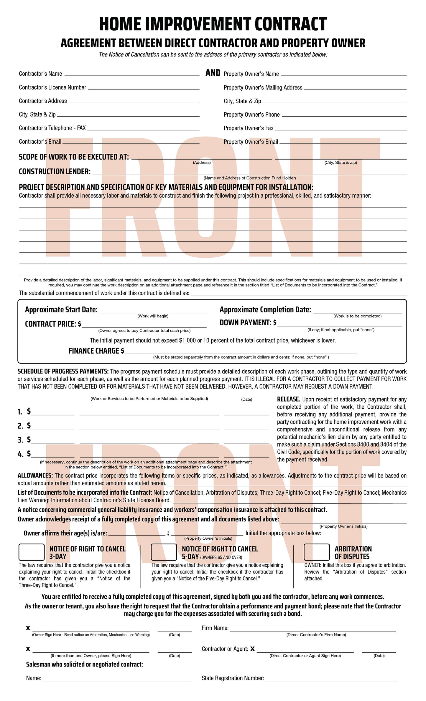 Home Improvement Contract - California NCR 3-page Form (Pack of 10)