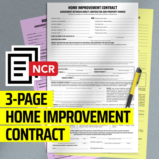 Home Improvement Contract - California NCR 3-page Form (Pack of 10)